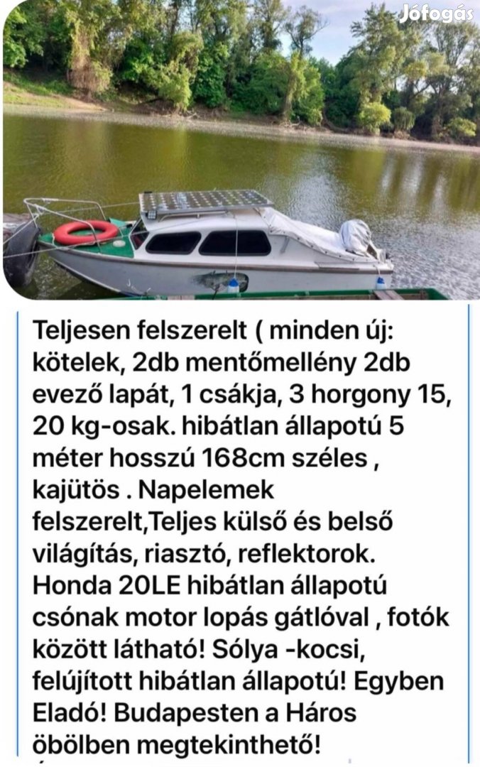 Kajütös hajó csónak motorral együtt 