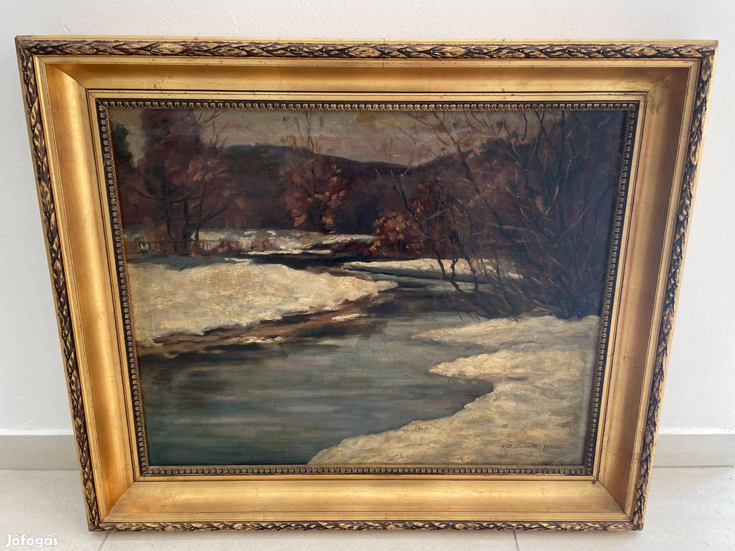 Kálmándy Pap László téli táj festmény olajkép tájkép folyó patak Pécs