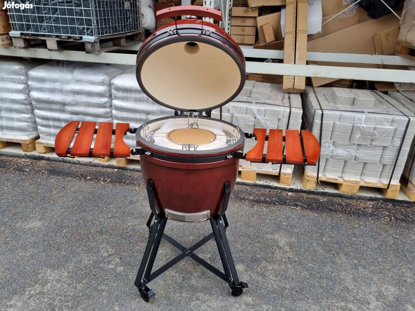 Kamado Premium 60cm kerámia grill, bordó színű, tartozékaival huzattal