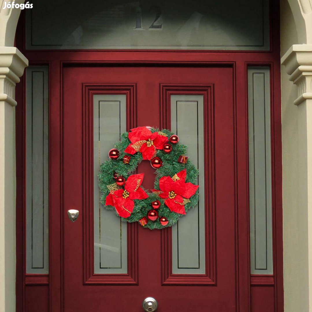 Karácsonyi ajtódísz / koszorú 40 cm zöld piros díszekkel és virágokkal