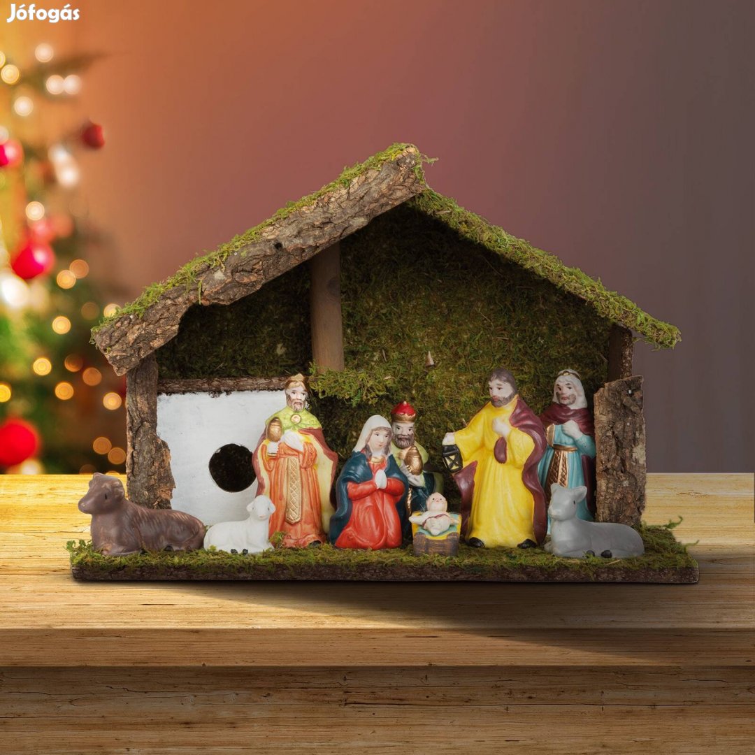Karácsonyi asztali dekoráció - Betlehem - kerámia és fa - 30x10x20cm