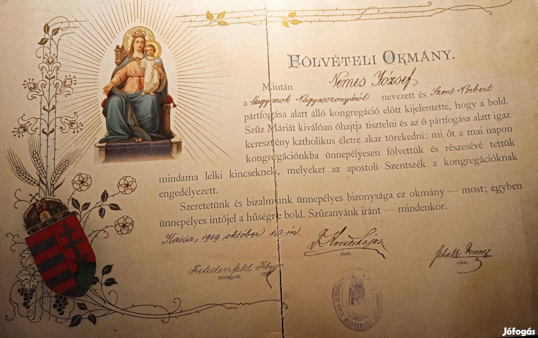 Katolikus iratrégiség vallási diploma Fölvételi oklevél 1909-ből