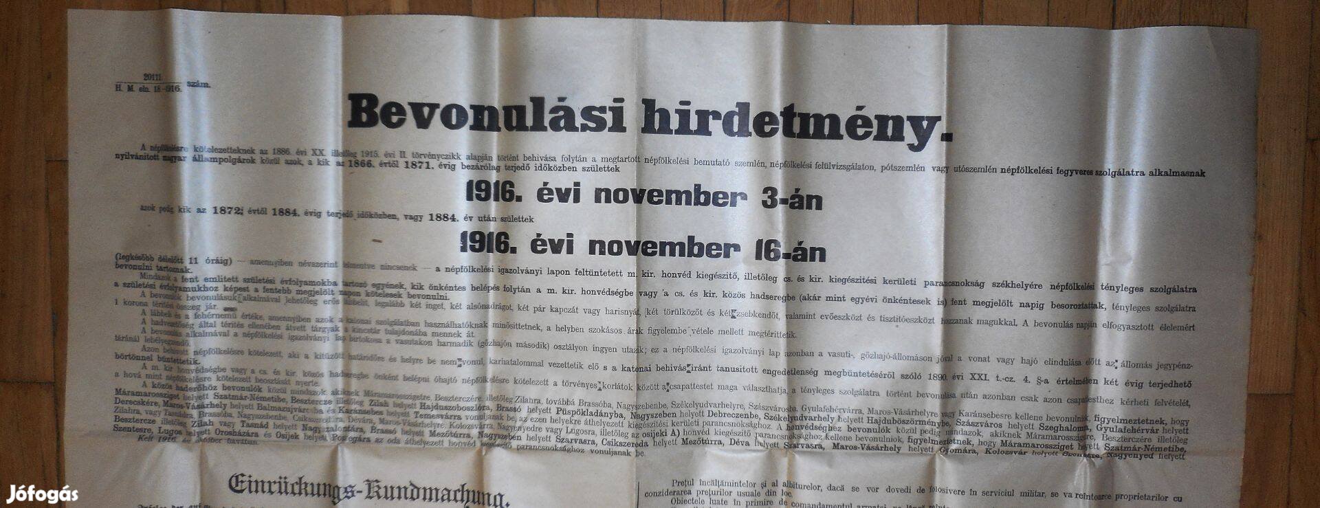 Katonai bevonulási hirdetményi 1916 (K.u.K hatnyelvű plakát)