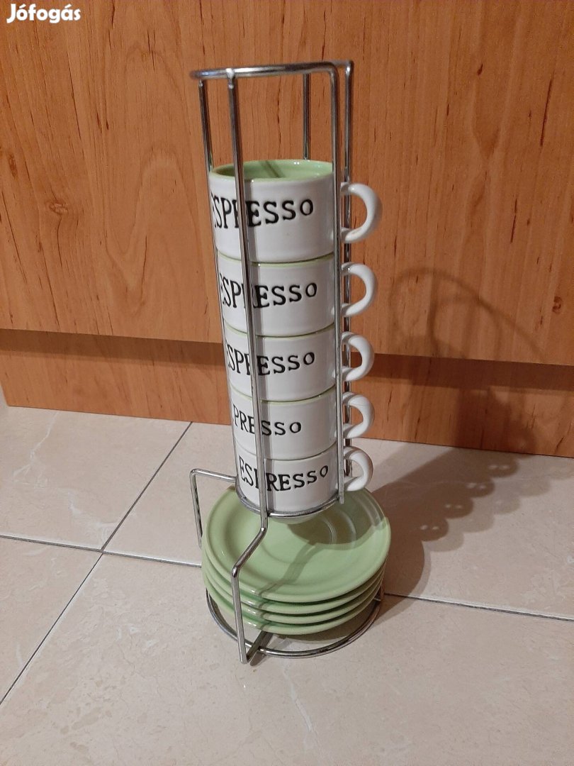 Kávéskészlet fém állványon 5 db csésze+4 db csészealj újszerű 
