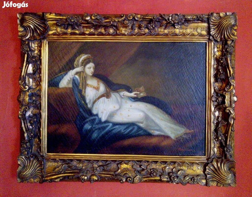 Kedvese miniatűr portréját nézegető hölgy. Barokk stílusú festmény kül