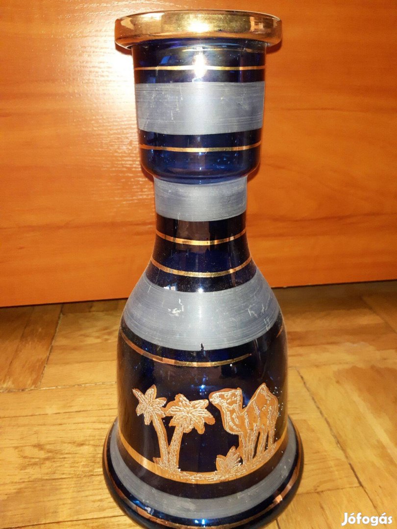 Kék aranyozott üveg váza 30 cm magas, teve pálmafa