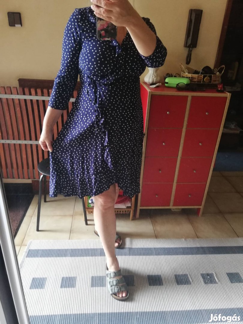 Kék fehér pöttyös Lindex átlapolós ruha M es 