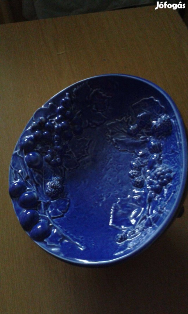 Kék kerámia gyümölcsös tál, kínáló, dísz, új, 24x27x17 cm
