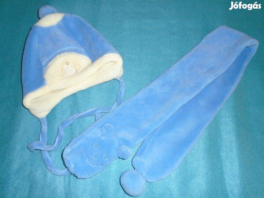 Kék sapka és sál téli szett sapka 42-es 3-6 hó