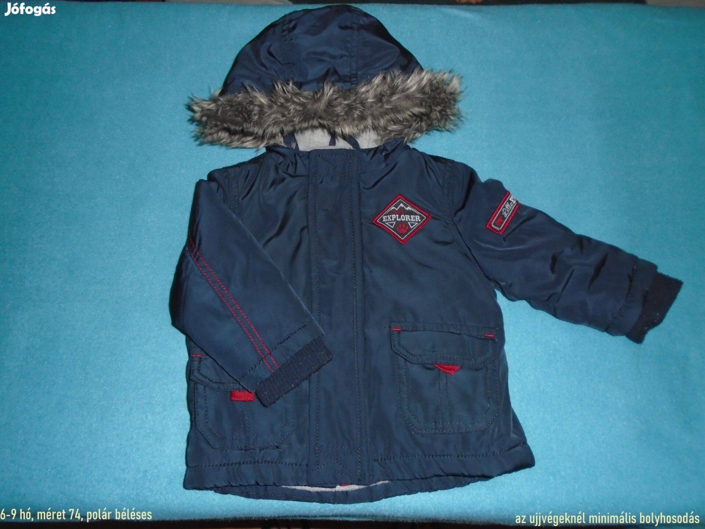 Kék színű kapucnis polár béléses dzseki kabát 6-9 hó méret