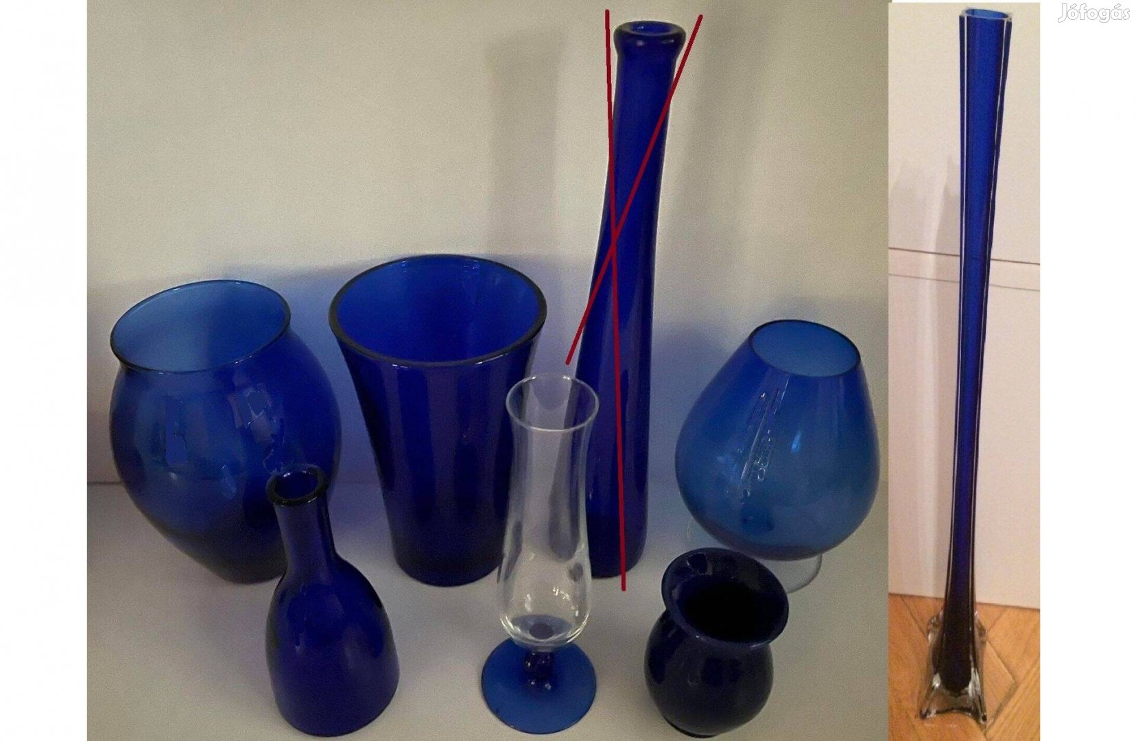 Kék üveg váza vázák dísztárgy gyűjtemény (dekor dekoráció) 7 db