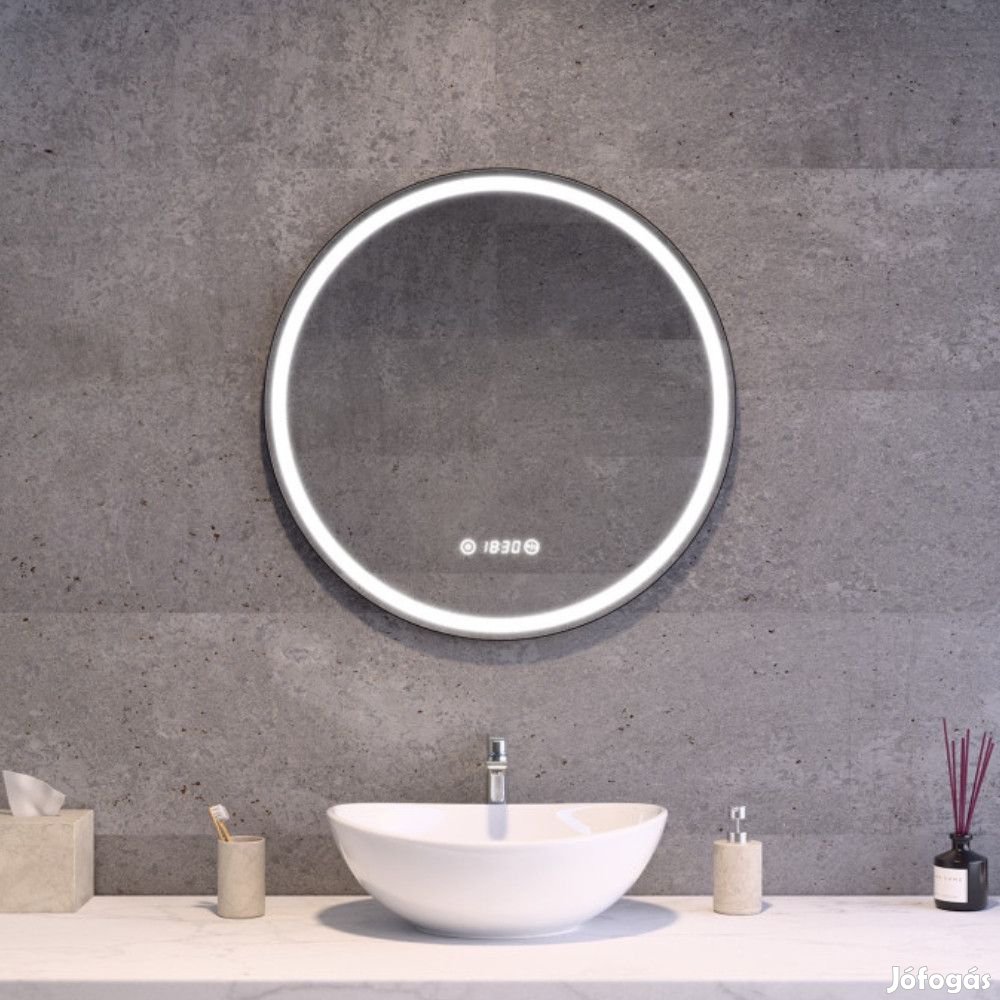 Kerek Led tükör fekete kerettel 60cm | Páramentesítő - Óra - Fényerő