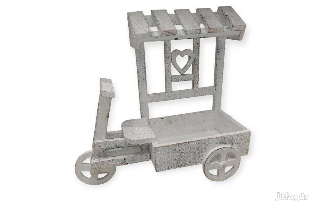 Kerekes dekoratív fa növénytartó kocsi fehér 38x16x36 cm