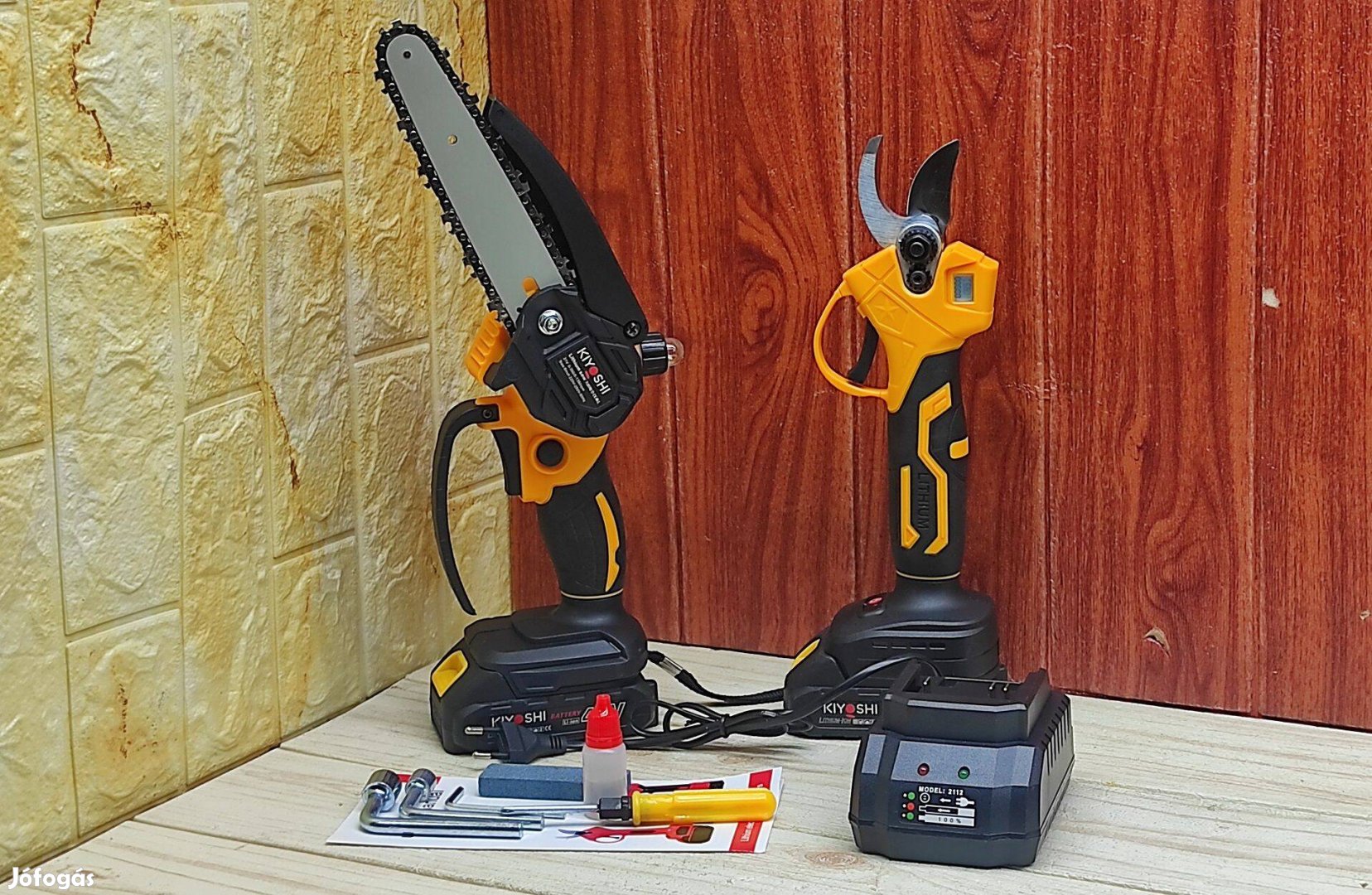 Kerti metszőolló és ágvágó fűrész készlet töltőpad 2db gép