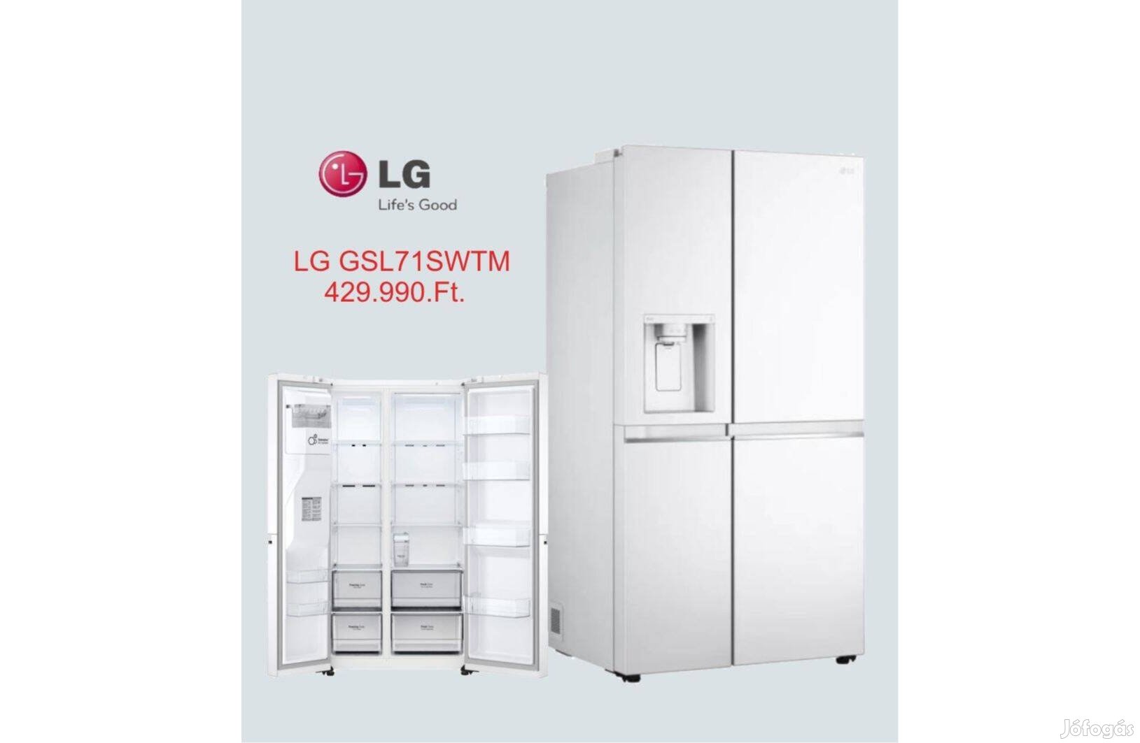 Két ajtós fehér hűtőszekrény, LG GSLV71Swtm, belső tartályos