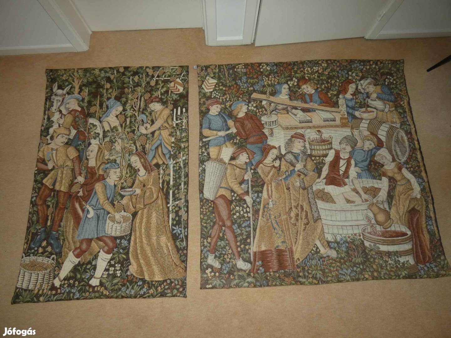 Két gyönyörű, szüretet, borkészítést ábrázoló flamand faliszőnyeg
