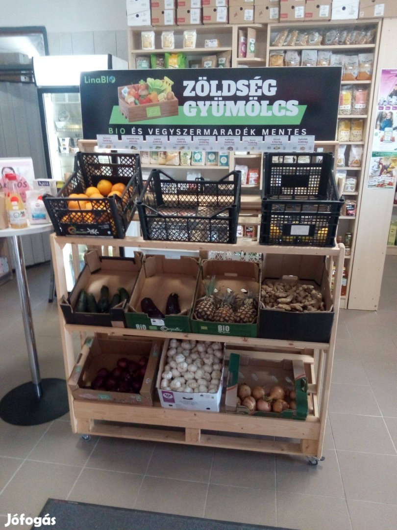 Kétoldalas guruló mobil polc: zöldség-gyümölcs, könyv stb