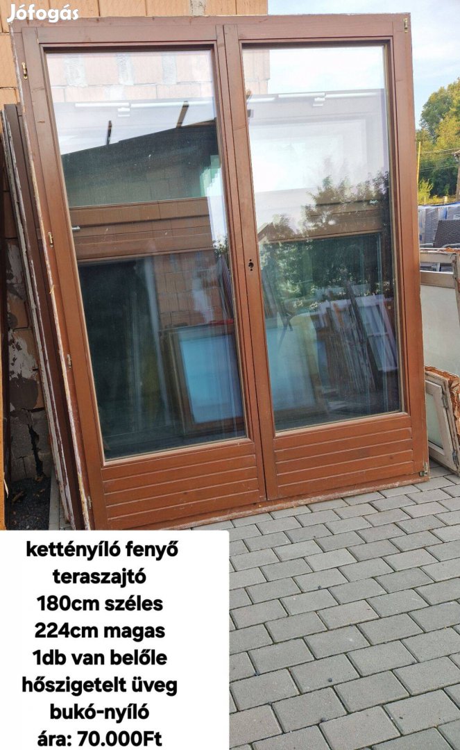 Kétszárnyú fenyő teraszajtó 180*224