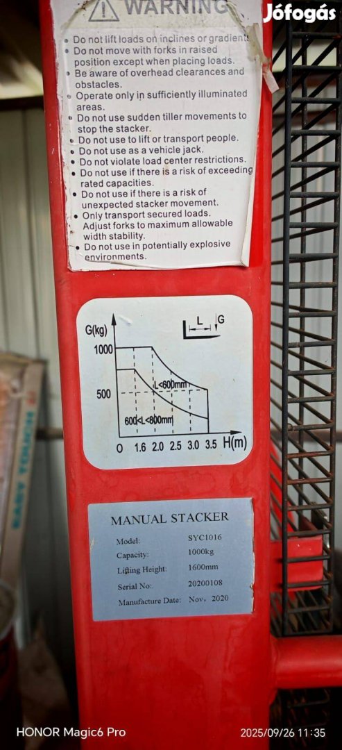 Kézi magasemeléső hidraulikus targonca raklap emelő 1000 kg