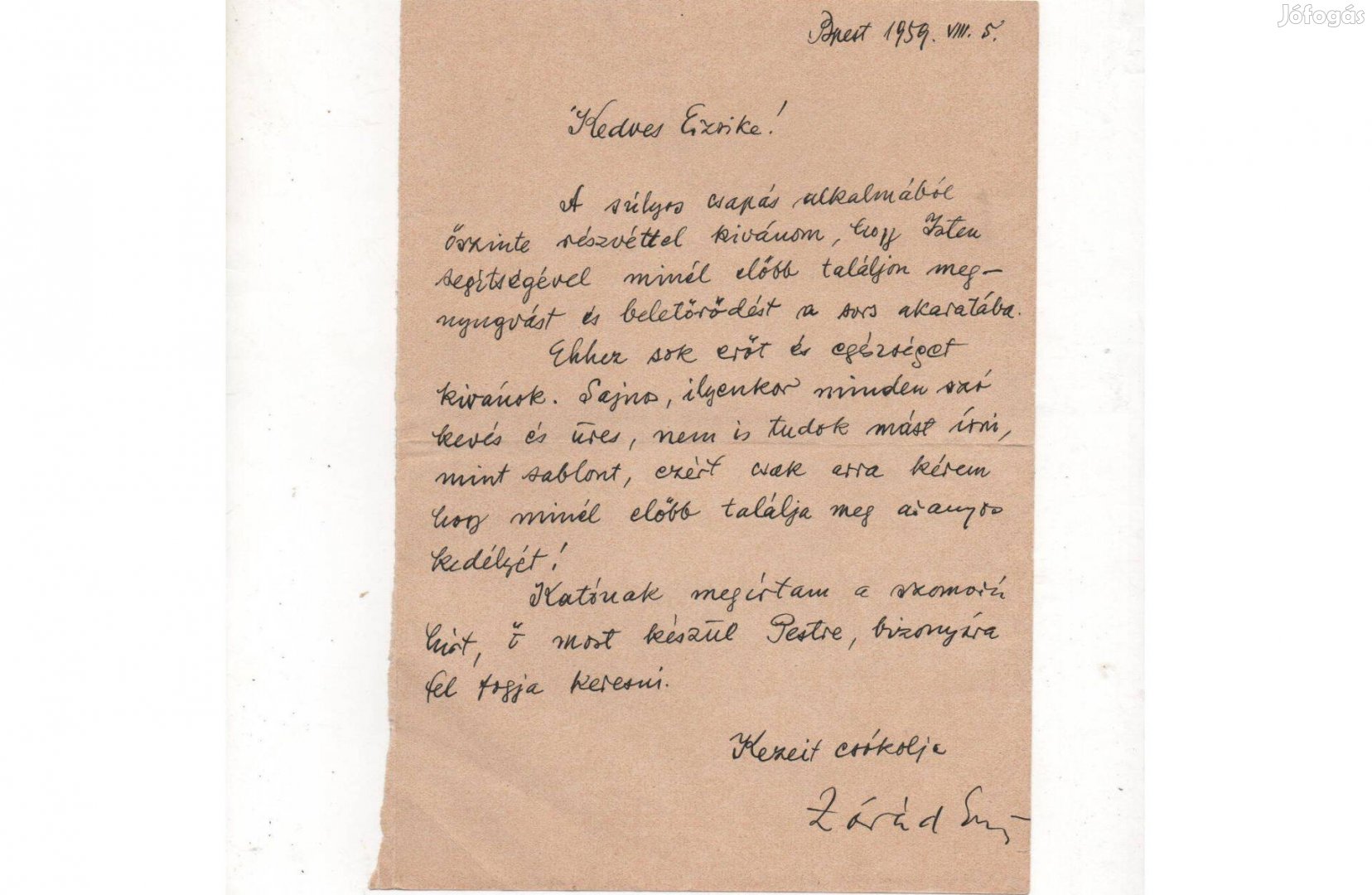 Kézirat, levél Zórád Ernő festő-képregényírótól