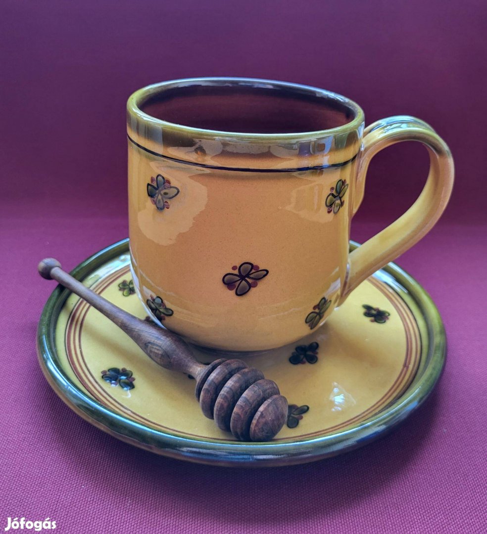 Kézműves reggeliző kerámia csésze bögre kistányér tányér mézcsurgató c