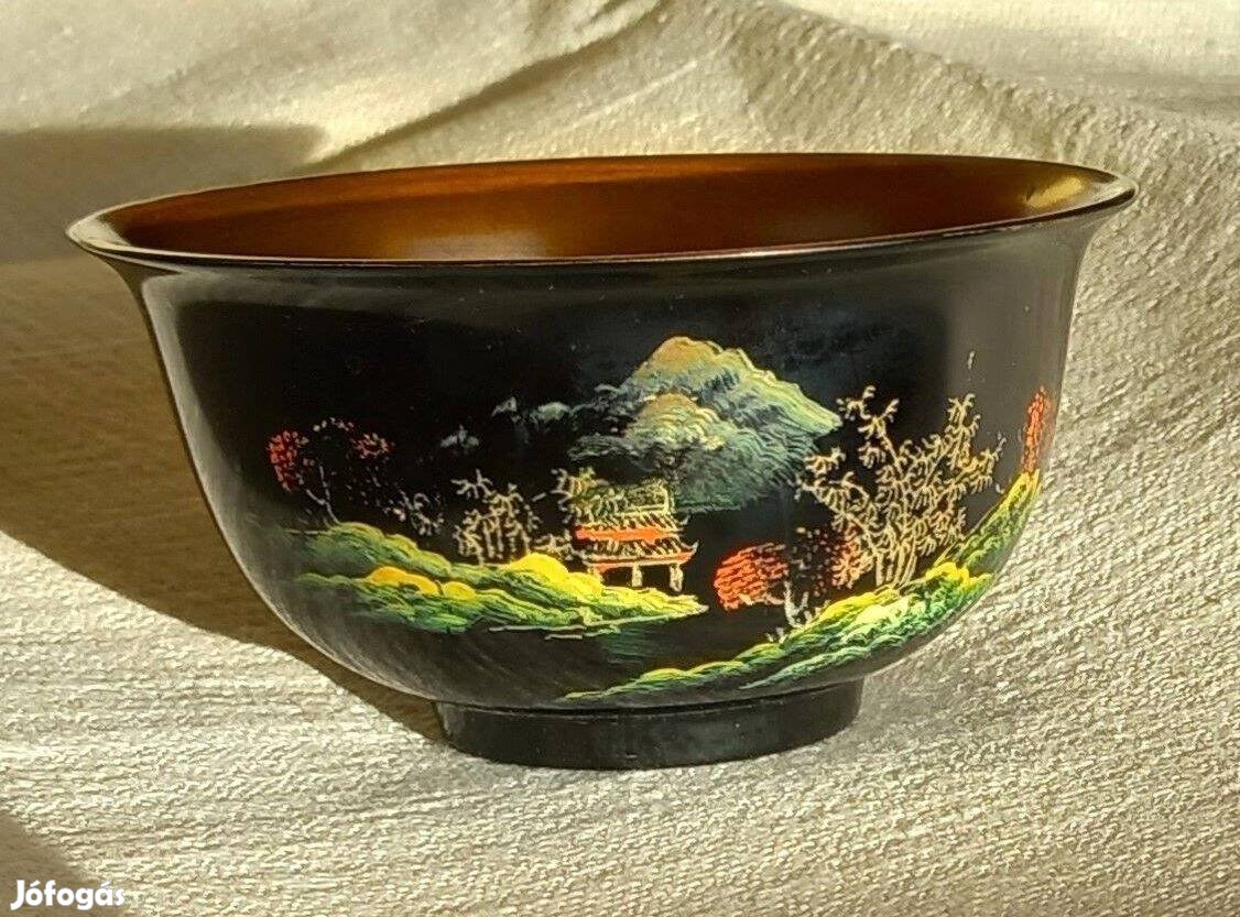 Kézzel festett, fekete lakk, cukorkás, bonbonos kínáló tálka (12x6cm)