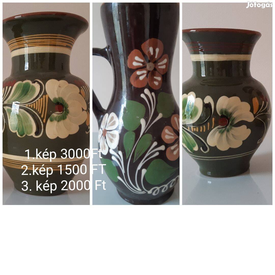 Kézzel festett virágos kerámia váza (2db), kancsó (1 db)
