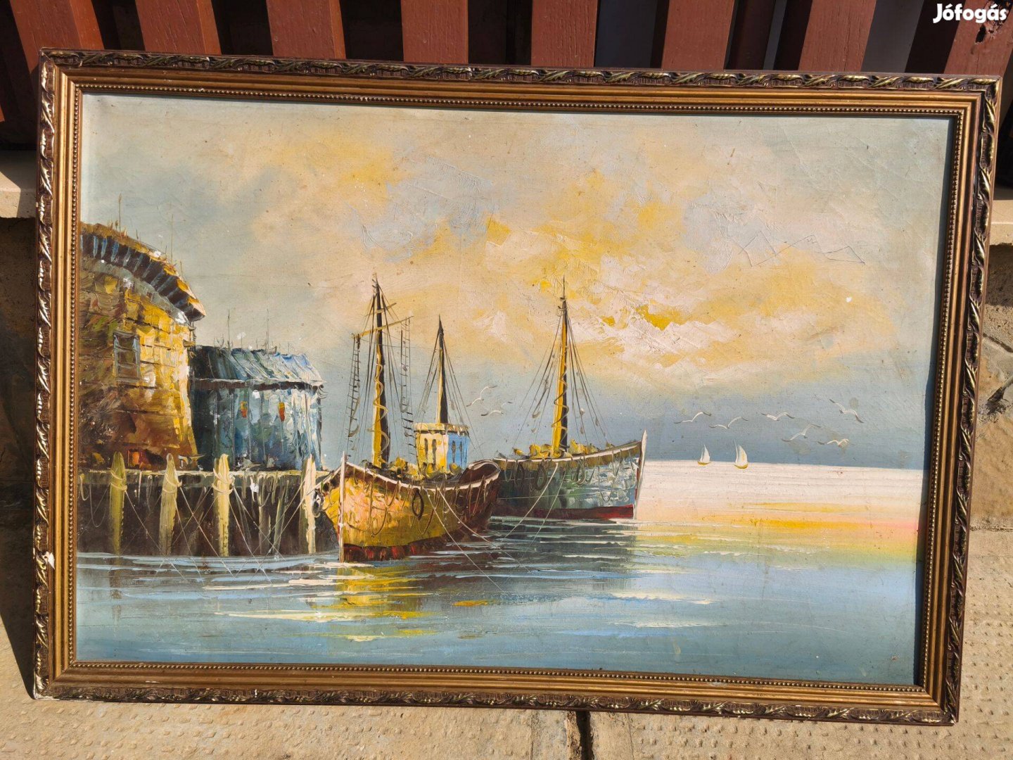 Kikötő , vitorlásokkal , nagyméretü olaj festmény