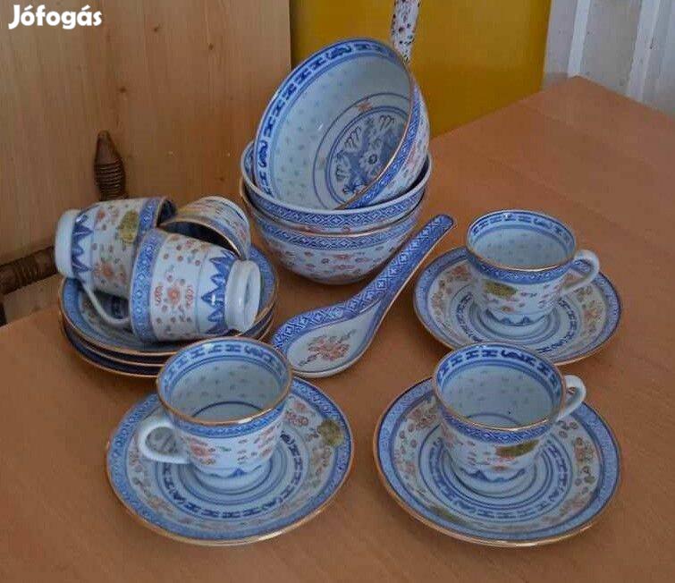 Kínai rizsszemes porcelán kávés készlet kínáló tálakkal