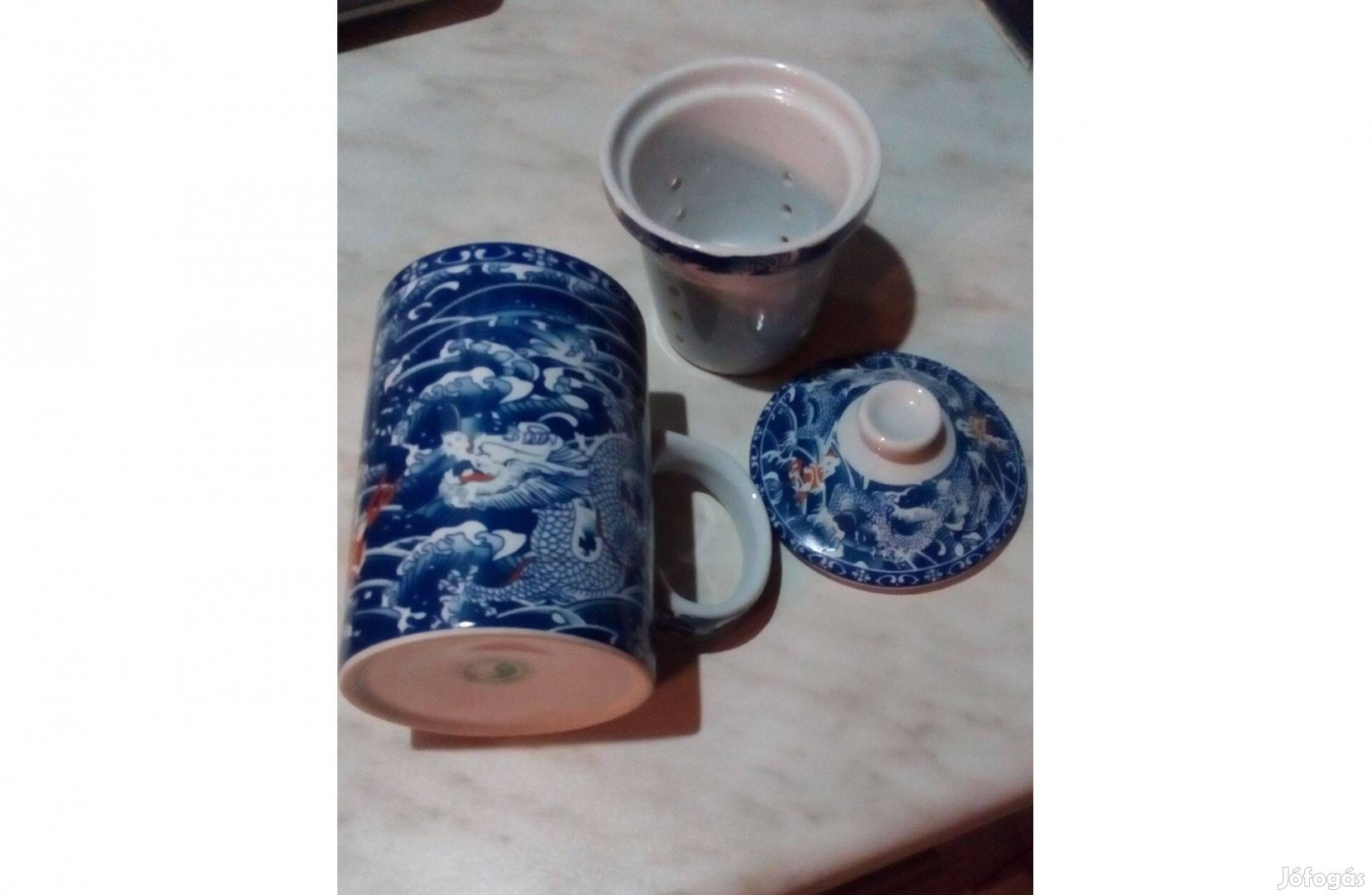 Kínai sárkányos porcelán teás bögre szűrővel és fedővel 2