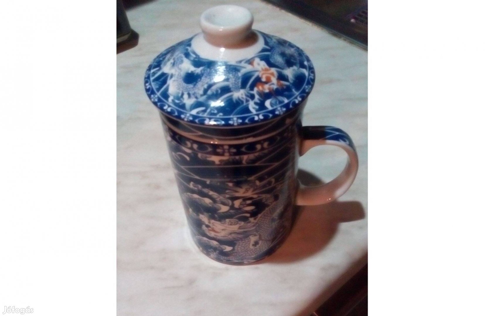 Kínai sárkányos porcelán teás bögre szűrővel és fedővel 2