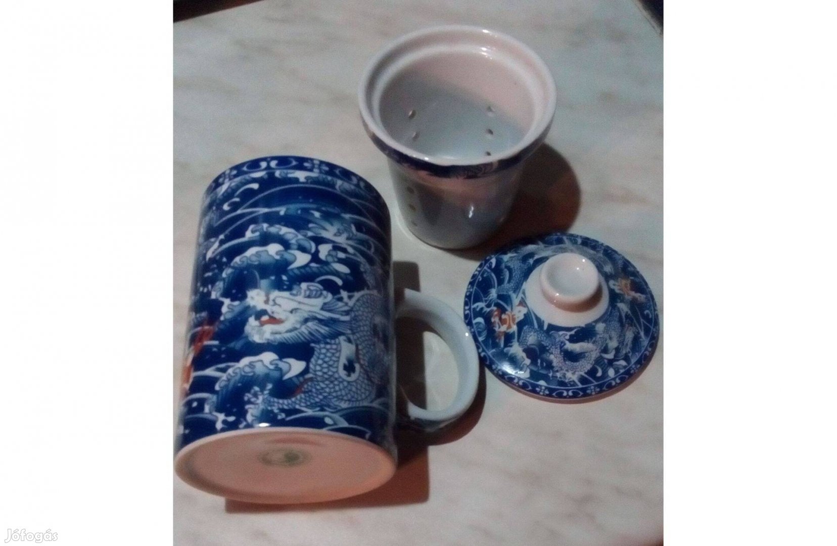 Kínai sárkányos porcelán teás bögre szűrővel és fedővel 2 dl - Új