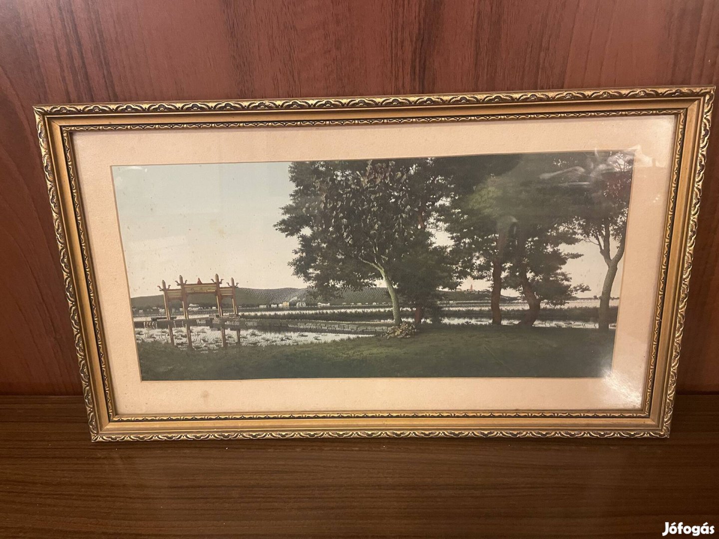 Kínai tájkép, antik arany szelű fa keretben 47*27 cm