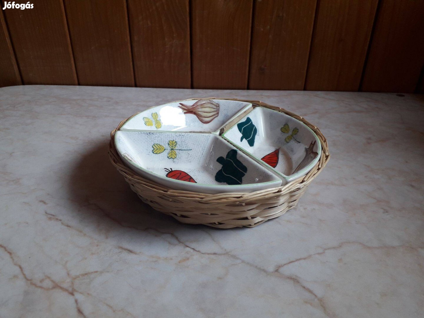 Kínáló fonott kosár porcelán, háromrészes