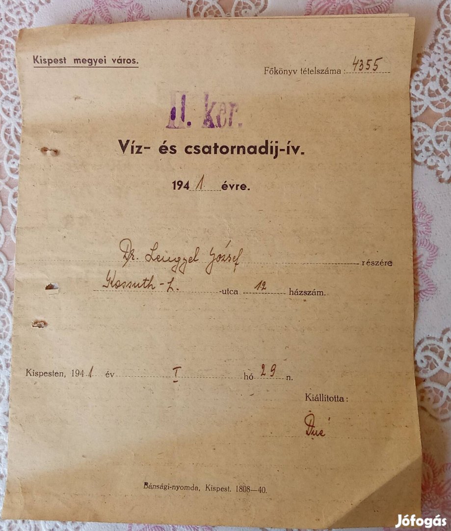 Kispest M. Város Víz- és Csatornadíj-ív 1941