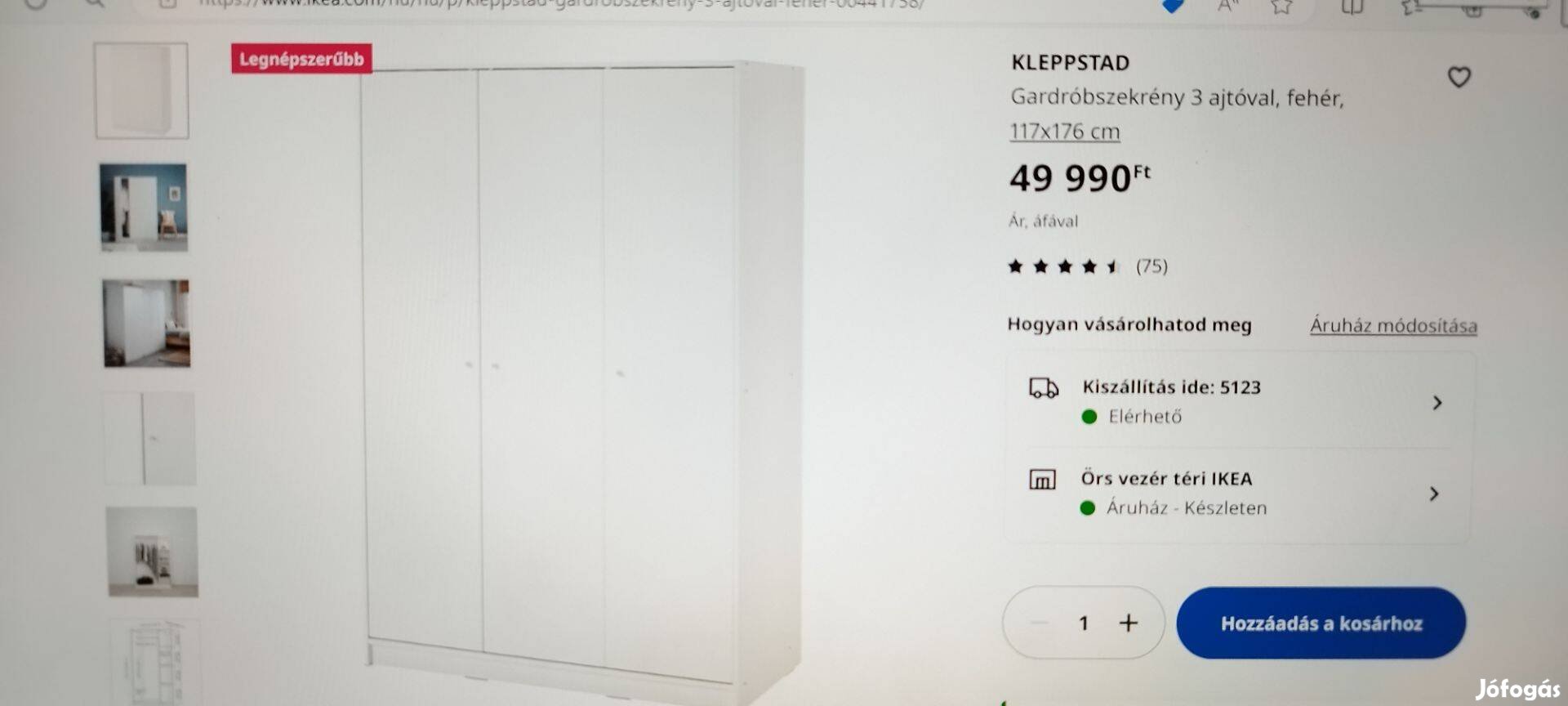Kleppstad Gardróbszekrény 3 ajtóval, fehér, új