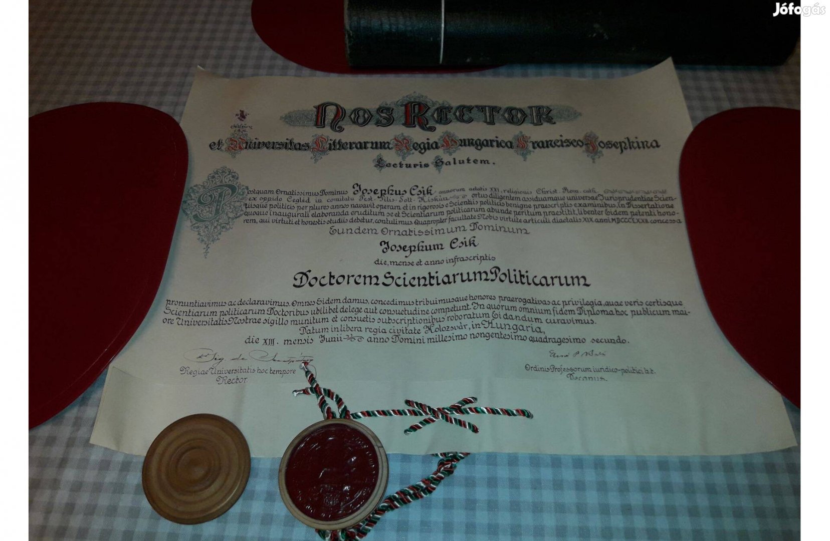 Kolozsvári Pergament Doktori Diploma 1942. Bp.-is átvehető
