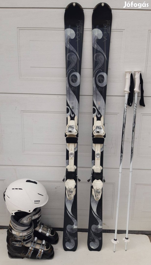 Komplett női síszett, síléc kötéssel, sícipő, sisak, bot