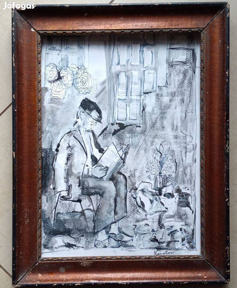 Kondor Béla :Kertben olvasó.( tempera tus )