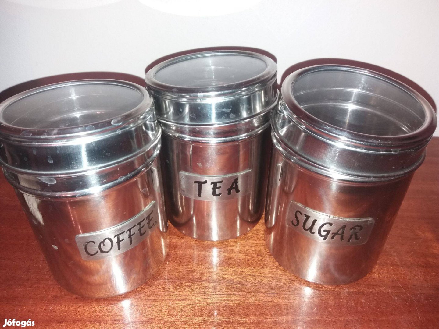 Konyhai tároló inox fém üveg tetővel 3 db cukor,kávé,tea