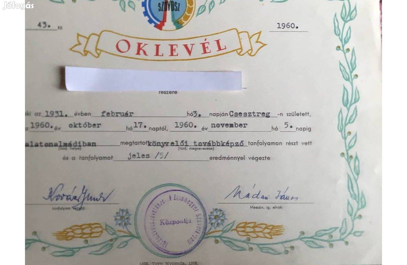Könyvelői dicsérő oklevél 1960-as 1000 Ft