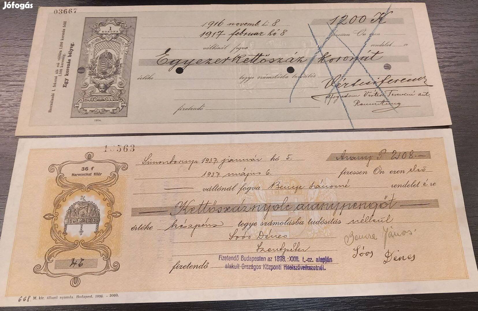 Korona és pengő váltó 1916, 1937