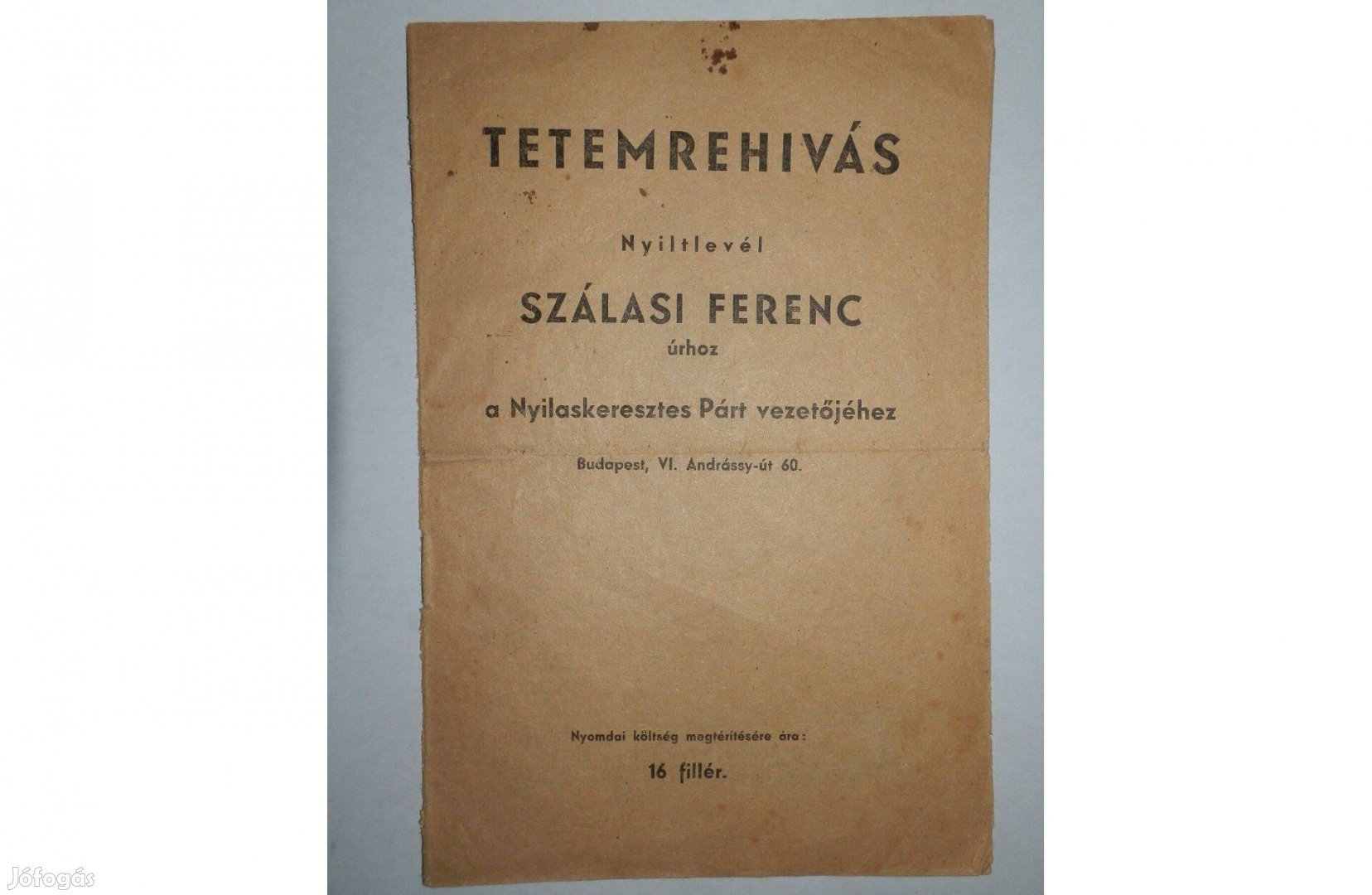 Kortörténeti dokumentum Tetemrehívás 1941