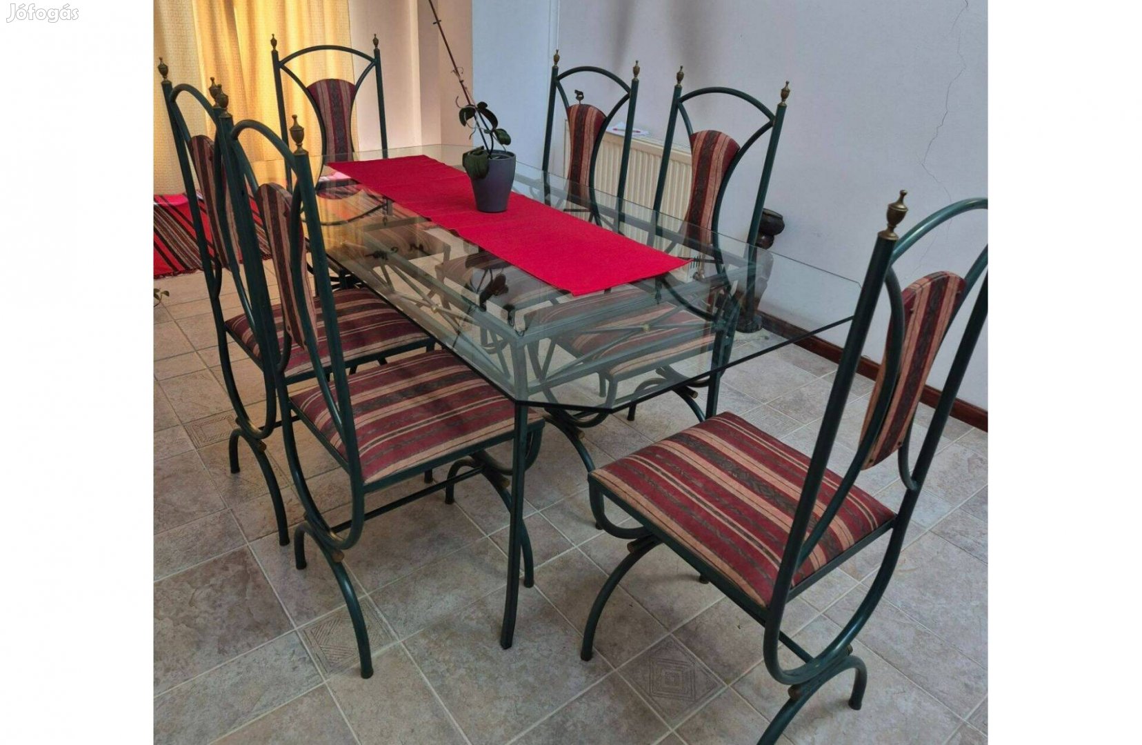 Kovácsoltvas/üveg étkező garnitúra 6 székkel