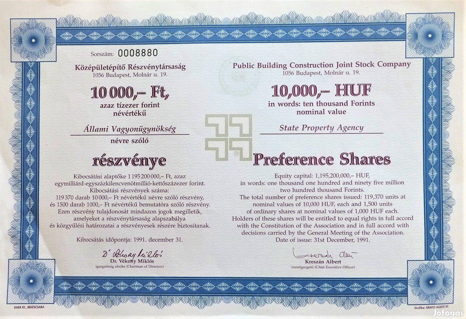 Középületépítő Részvénytársaság részvény 10000 Ft névérték