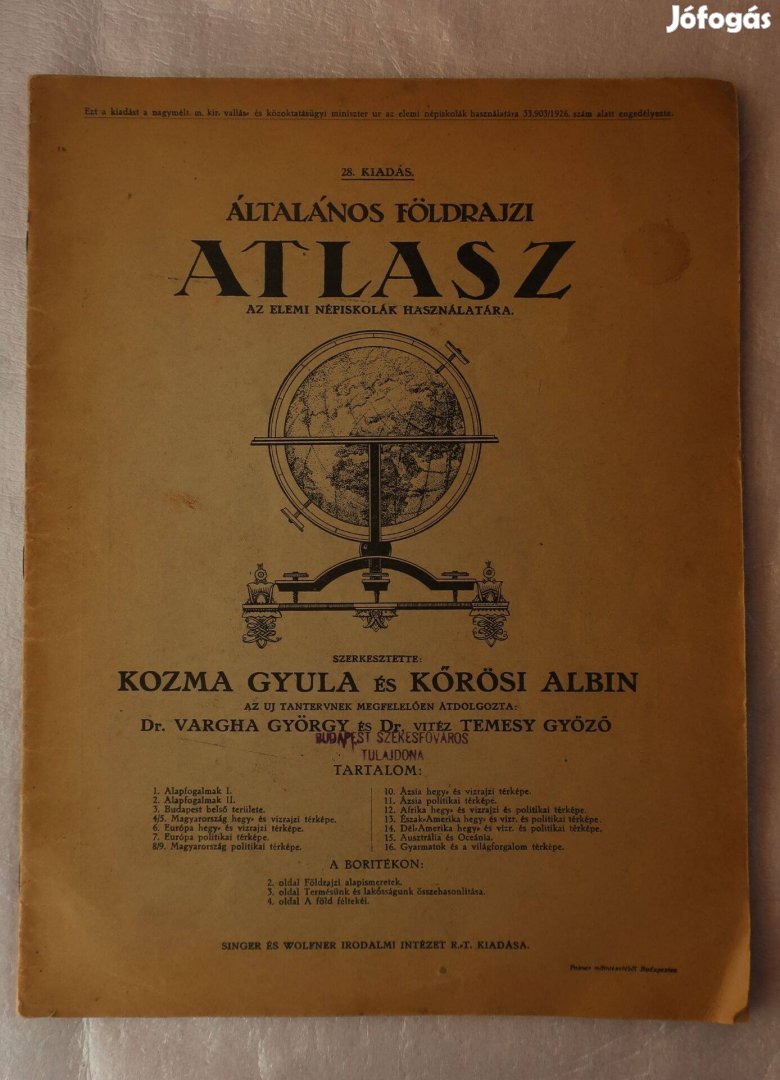 Kozma Gyula és Kőrösi Albin Általános földrajzi Atlasz (1926)