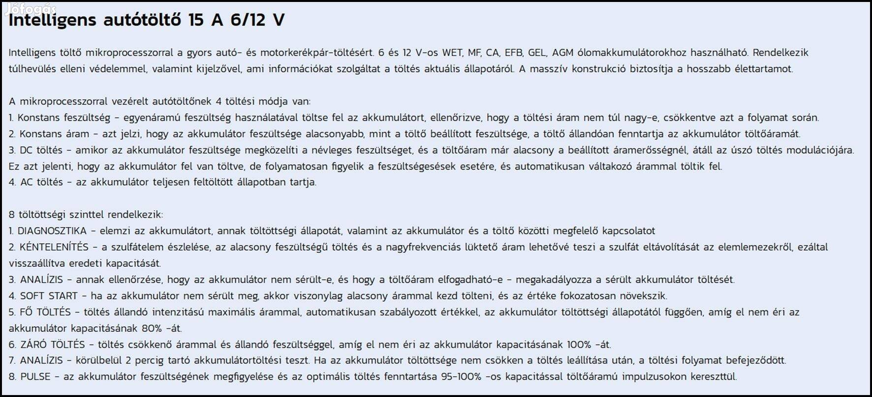 Kraft Intelligens autótöltő 15A 6/12V 15160