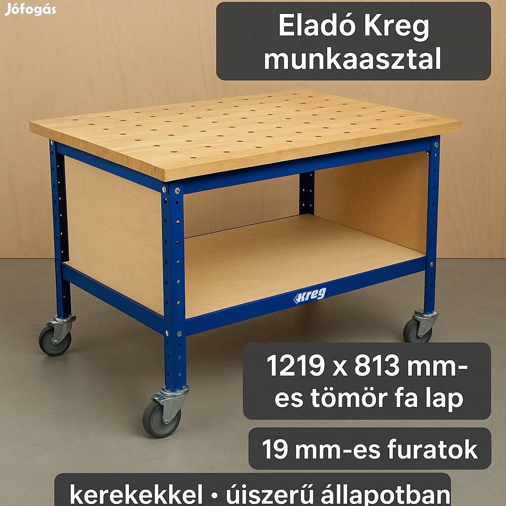 Kreg profi munkaasztal 1219x813 mm, fa lap, ipari kerekekkel