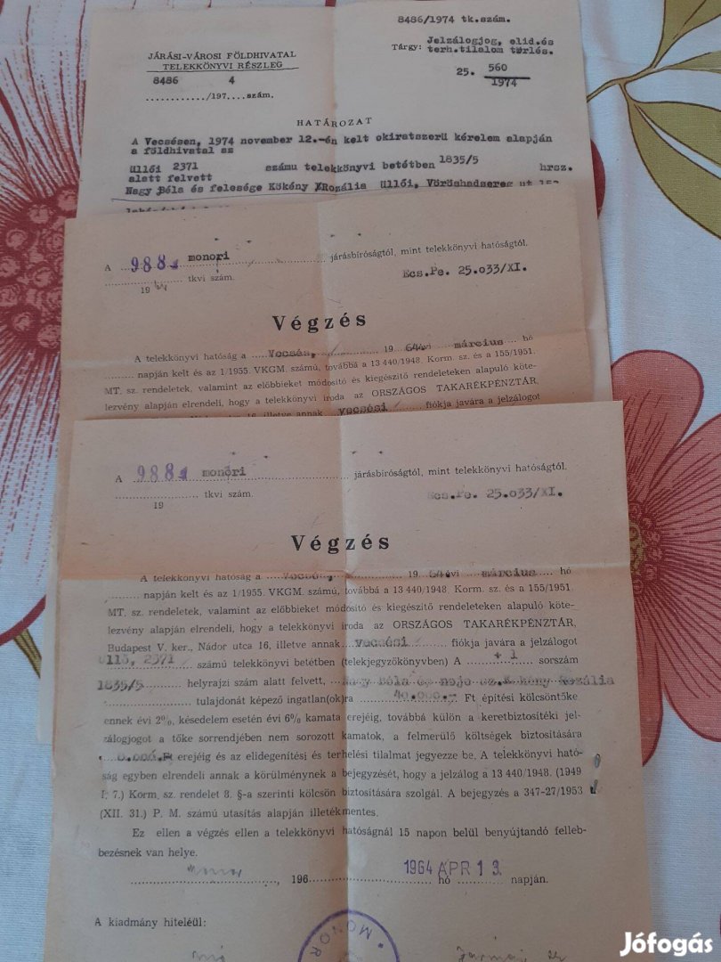 Különböző régi Földhivatali Végzés a 60-70-es évekből 3db