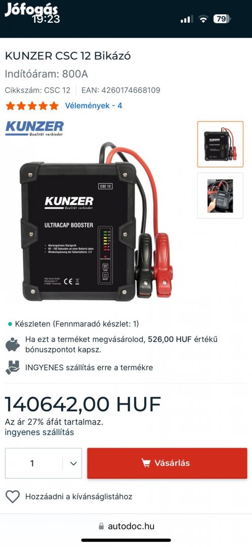 Kunzer csc-12 bikázó, 12v gyorsindító